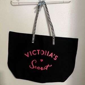 VICTORIA'S SECRET Classic Canvas‎ Tote Bag Black Pink Striped Handles and Liner
